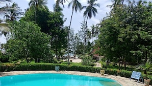 Piscina con sillas de descanso, rodeada de exuberante vegetación y palmeras.