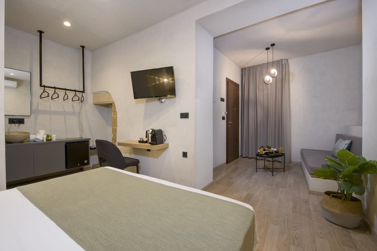 A modern hotel room with a bed, a desk, a TV, a sofa, and a potted plant.