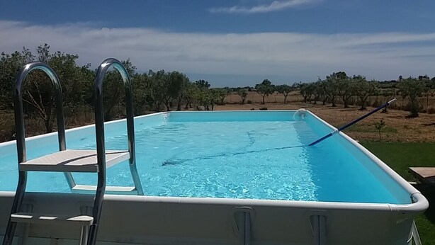 A rectangular swimming pool with a ladder on one side, surrounded by a grassy area and trees. - Country house with pool, renovated and well furnished (San Lorenzo)