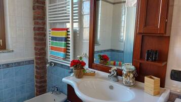 Shower, hair dryer, bidet, towels