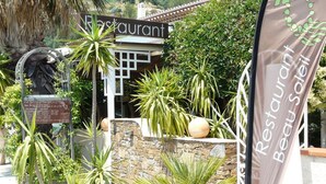 Un restaurante con pared de piedra y plantas en macetas al frente.