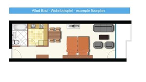 Plano de una habitación de hotel con cocina, zona de estar con sofá y sillones, y una cama grande.
