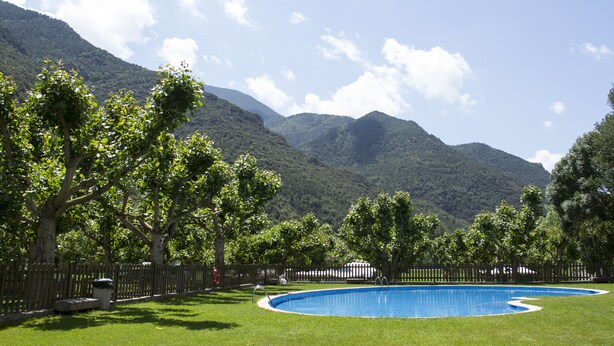 Una piscina rodeada de césped verde exuberante y árboles, con montañas al fondo.