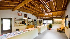 Una cocina amplia con vigas de madera, una encimera larga con revistas y una planta en maceta.