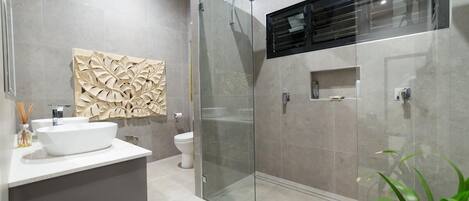 Hair dryer, towels, soap, shampoo