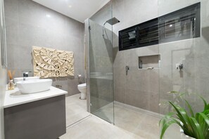 Hair dryer, towels, soap, shampoo
