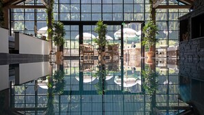 An indoor swimming pool with clear glass walls, wicker furniture, and potted plants. - Fyri Resort Hemsedal (Hemsedal)