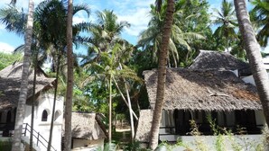 A traditional thatched-roof building surrounded by palm trees, with a white structure featuring arched windows in the foreground. - Warm Sea Sand (Diani Beach)