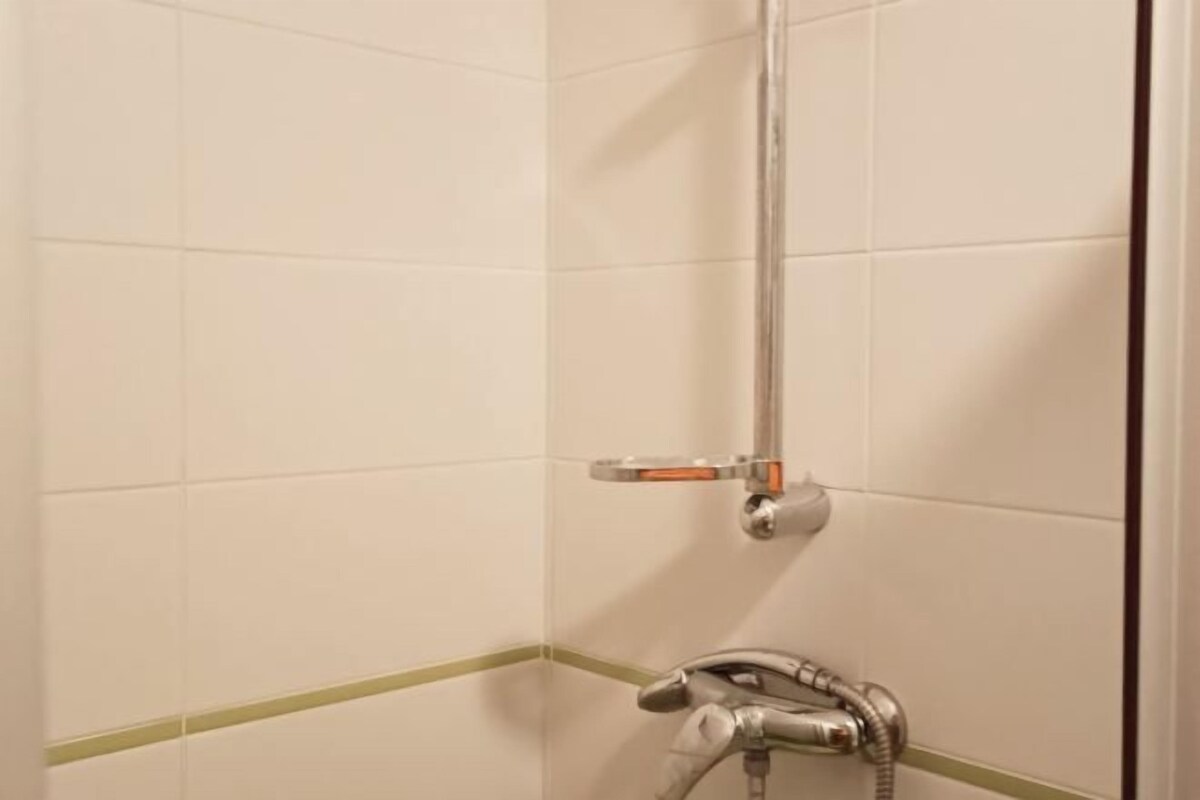 A shower area with a chrome showerhead and a handheld shower attachment.