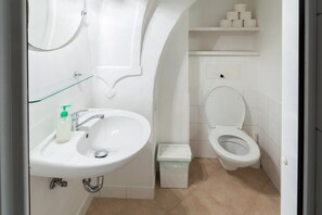 A bathroom with a white sink, mirror, toilet, and a trash bin. - Charles Bridge Economic Hostel (Prague)
