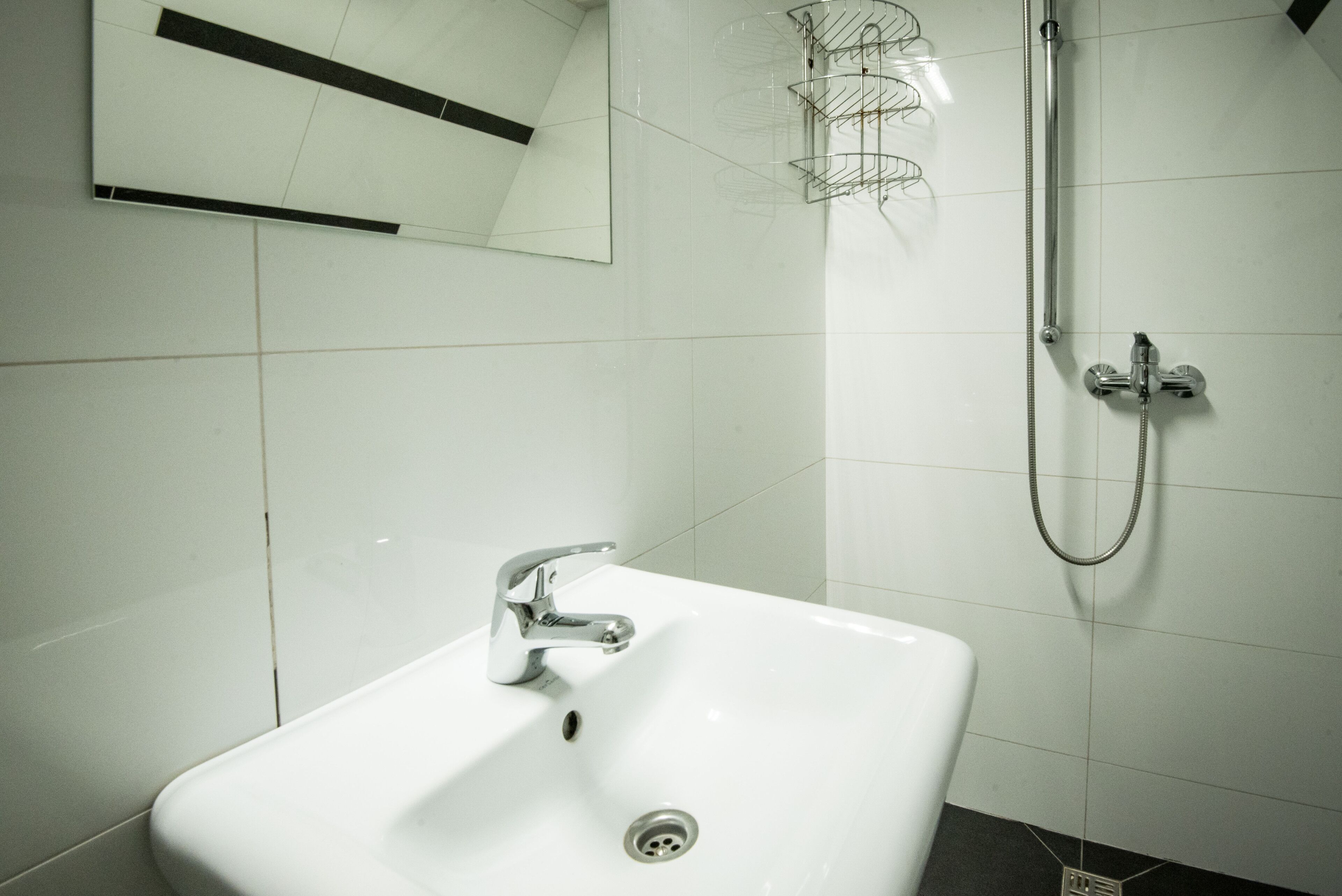 A bathroom with a white sink, a mirror, and a shower.