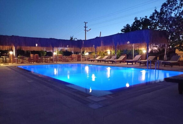 Outdoor pool, pool umbrellas, pool loungers