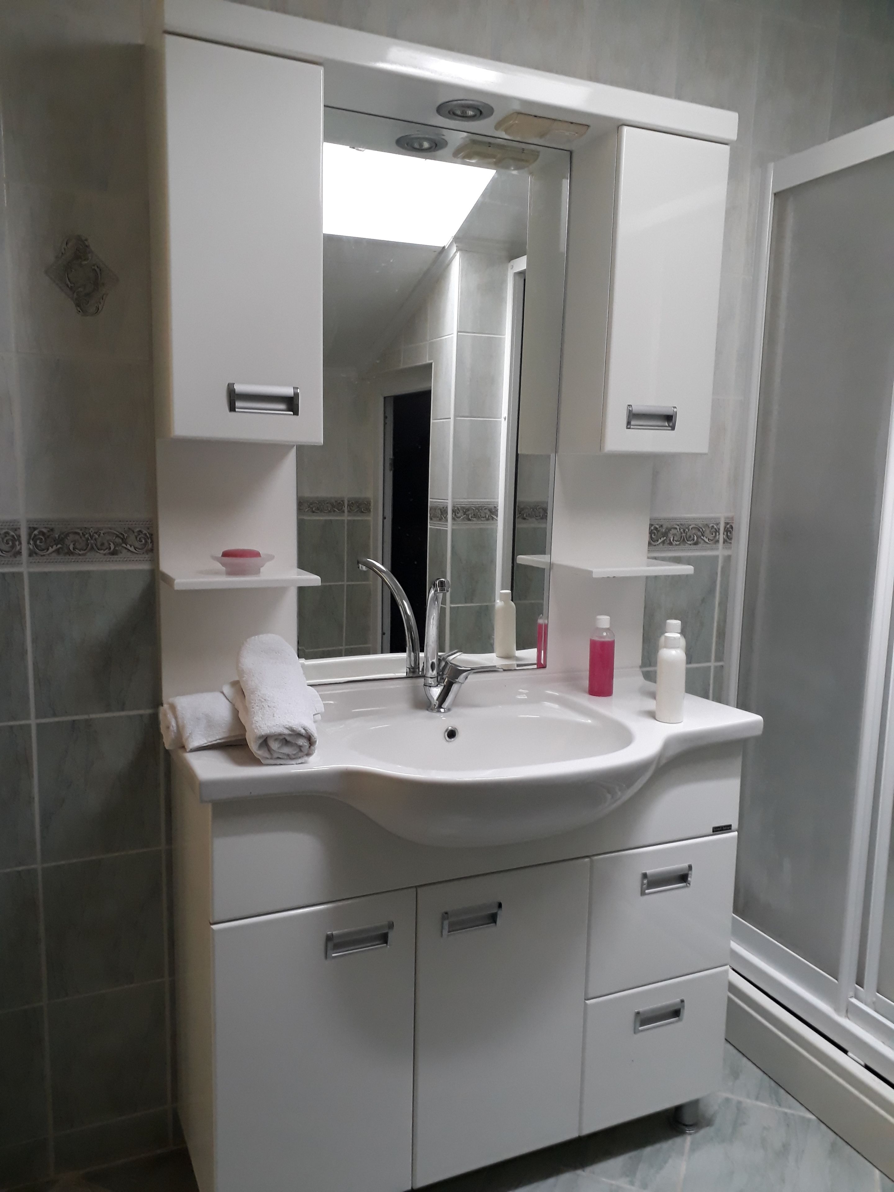 deluxe suite | bathroom | shower, towels, soap, toilet paper