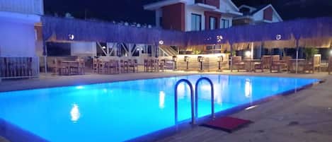 Outdoor pool, pool umbrellas, pool loungers