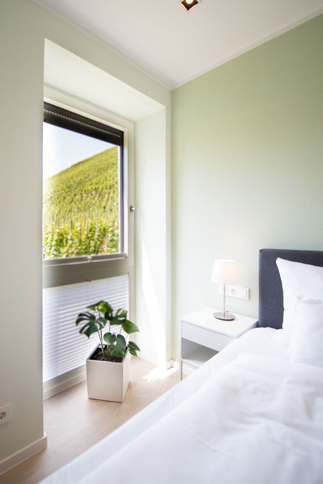 A bedroom with a bed, a bedside table with a lamp, a window with blinds, and a potted plant.