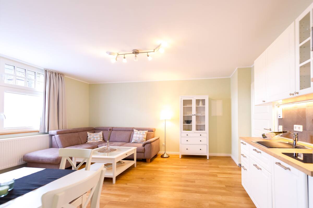 A compact living space with a sofa, a dining table, a lamp, a cabinet, and a kitchenette.