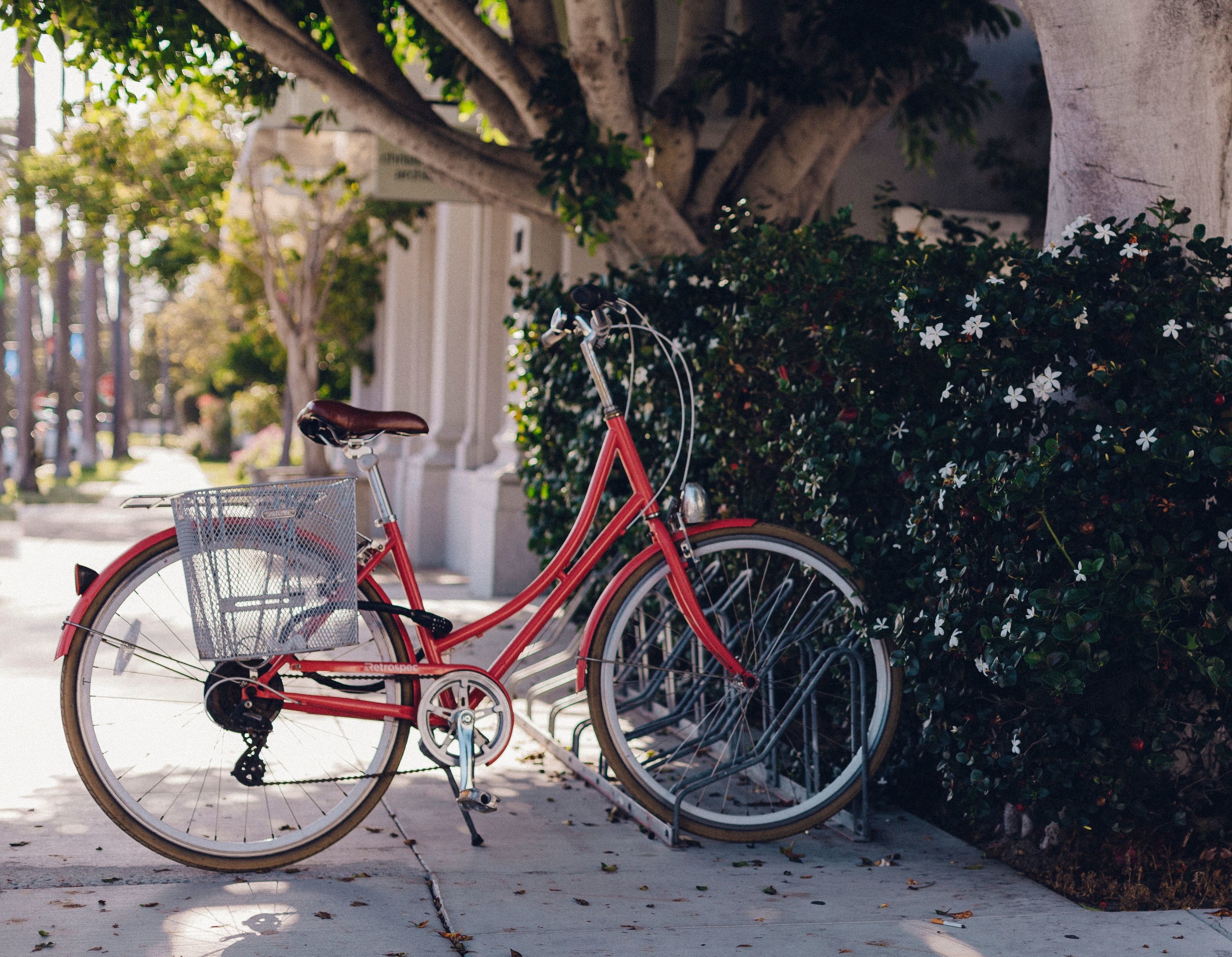 A red bicycle parked on a sidewalk next to a building with a metal fence and greenery.
