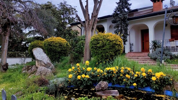 A garden with a pond, yellow flowers, and a building with a red door. - Villa Berra B&B Riva del Po (Berra)