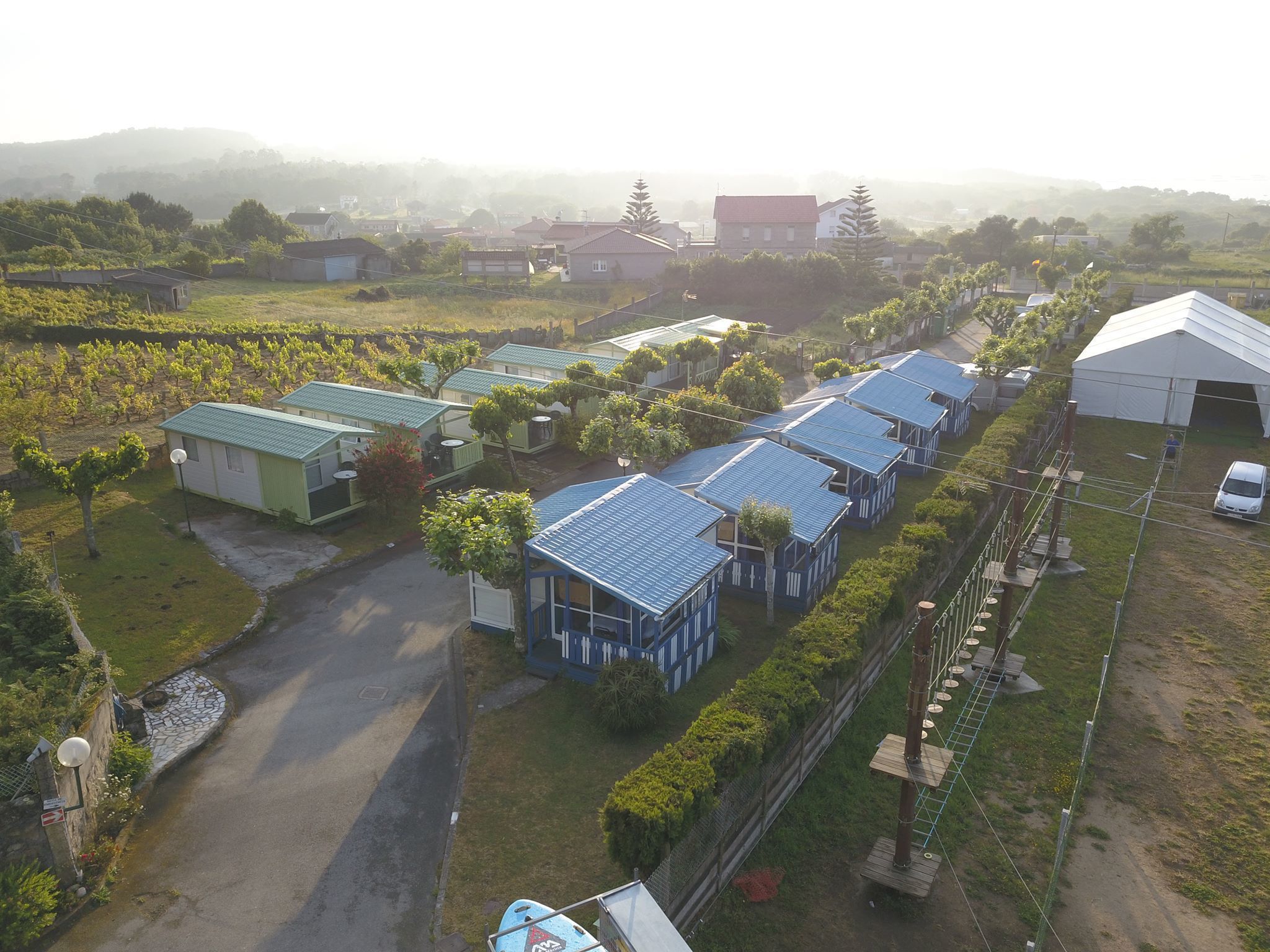 Una zona residencial con varias casas, un viñedo y una gran carpa blanca.