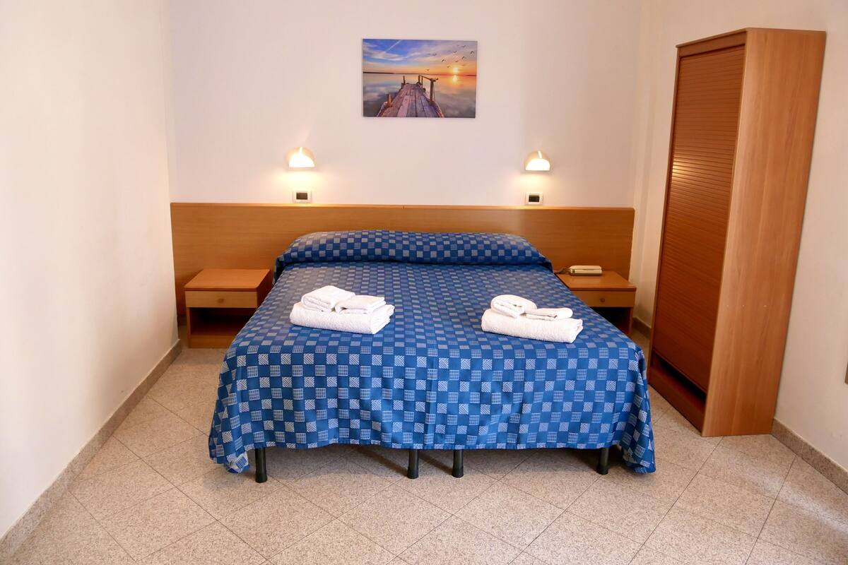 Habitación de hotel con colcha azul a cuadros, dos lámparas de noche, cabecera de madera, armario de madera y un cuadro en la pared.