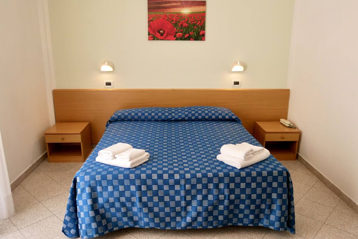 Habitación de hotel con cama, dos mesitas de noche, una lámpara de pared y un cuadro de flores rojas.