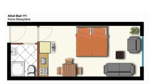 A hotel room layout with a kitchen, a dining area, a sofa, and a small table. - Popular and centrally located residential building in St. (St. Moritz)