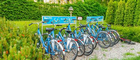 A row of blue bicycles parked in a gravel area with a sign indicating a bike rental service.