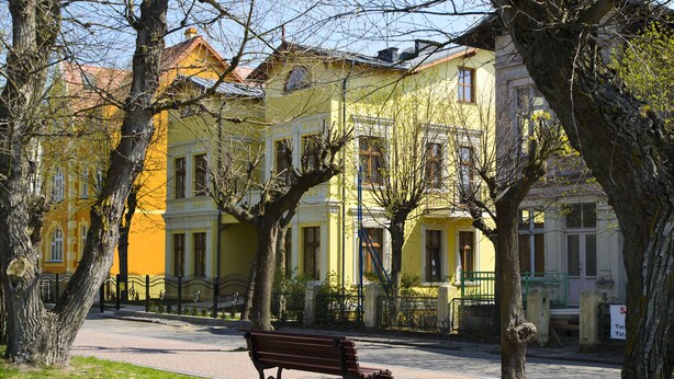 A bench in a park with yellow buildings in the background.