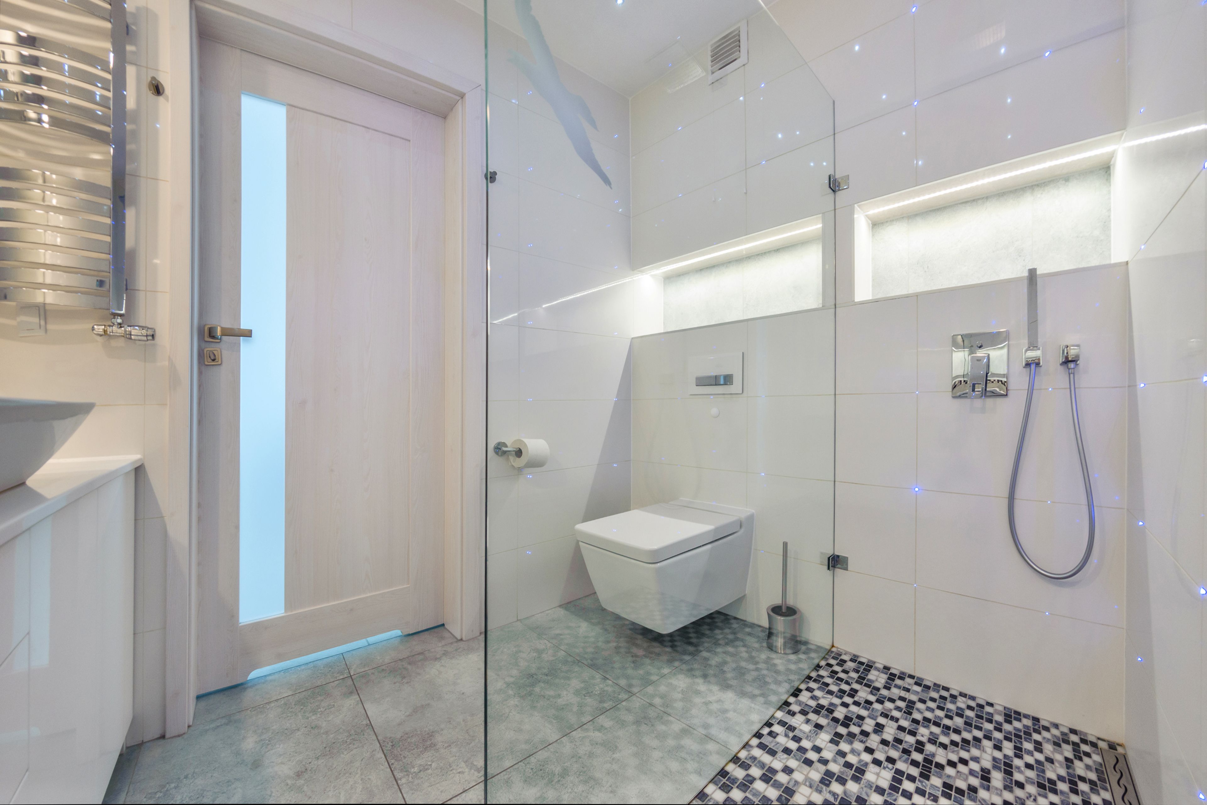 A modern bathroom with a glass shower enclosure, a white toilet, and a patterned rug.