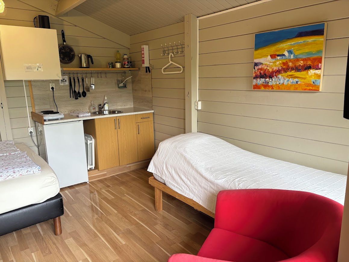 A compact room with a bed, a red chair, a kitchenette, and a painting on the wall.