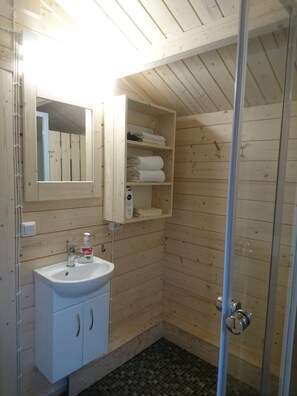 Shower, free toiletries, towels