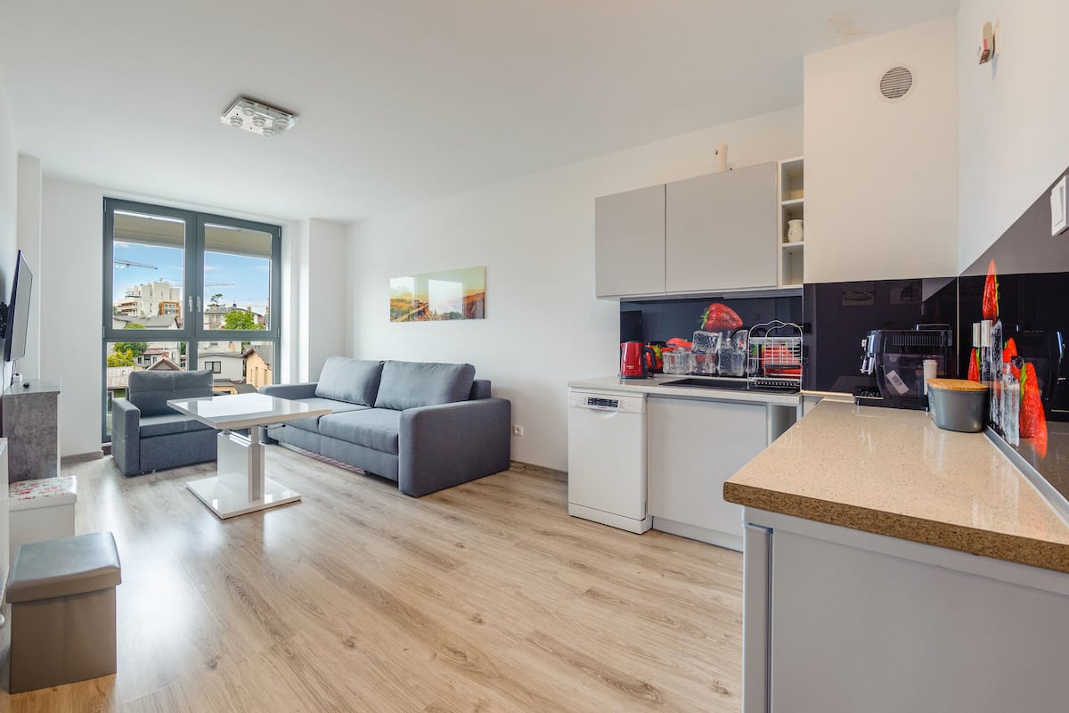 A modern apartment with a living room, kitchen, and a balcony with a city view.