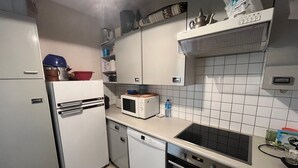 Une cuisine compacte équipée d’un réfrigérateur, d’un four à micro-ondes, d’un lave-vaisselle, d’un four et d’un évier.