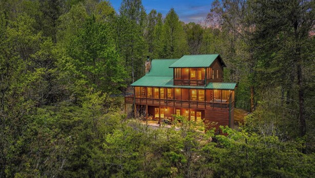A two-story log cabin with a green roof, surrounded by dense forest.