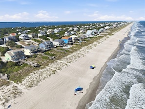 A coastal residential area with houses, a beach, and ocean views. - Ocean View Second-Row Duplex | Spacious 5BR | Beach Access Across Street (Emerald Isle)