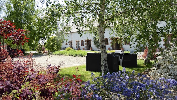 Ein Garten mit einem weißen Gebäude, Sitzgelegenheiten im Freien und verschiedenen Pflanzen.