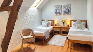 Ein gemütliches Schlafzimmer mit zwei Betten, einem Korbsessel, einem Dachfenster und Wanddekoration.