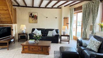 TV connectée, cheminée, lecteur de DVD, livres