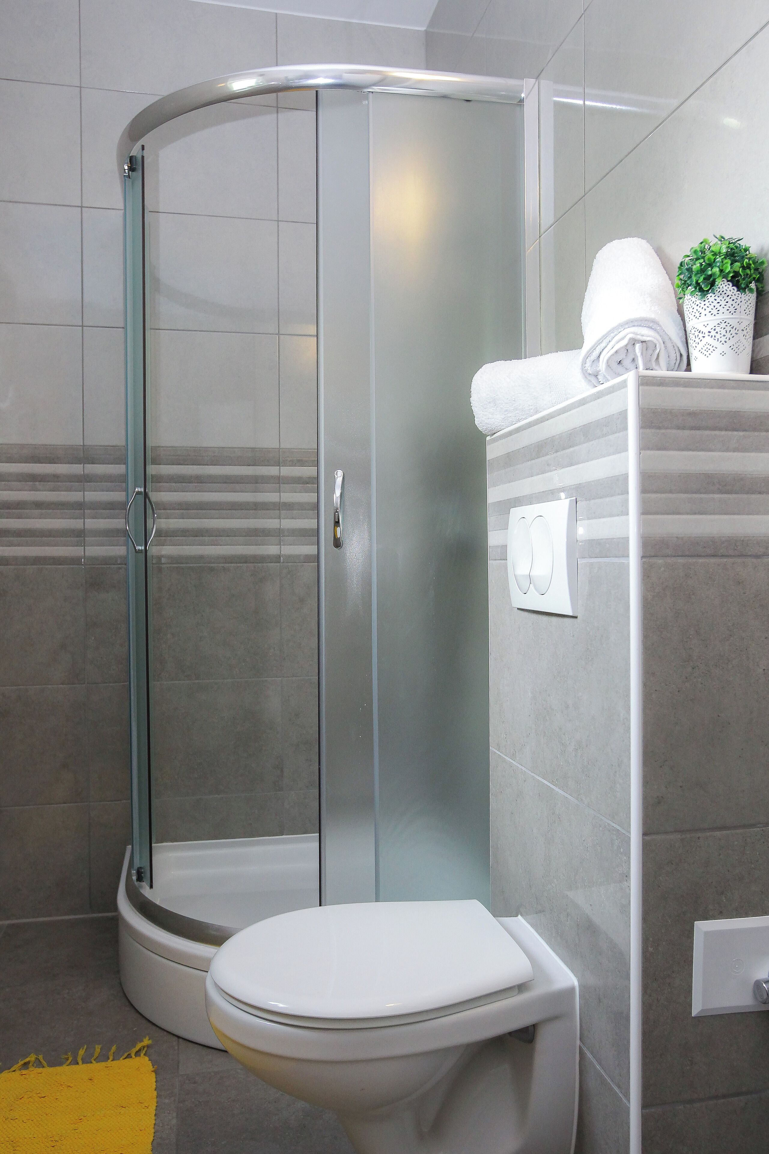 Shower, hair dryer, towels, toilet paper