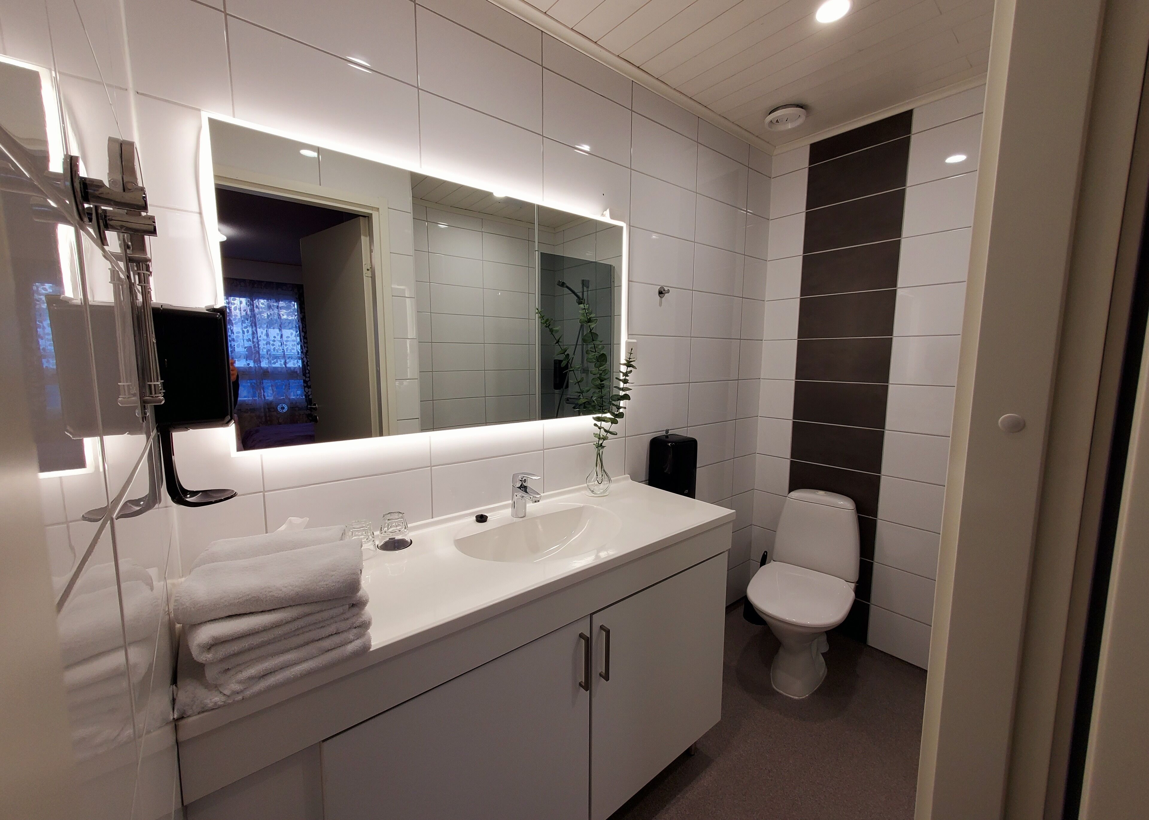 A modern bathroom with a white vanity, a large mirror, and a toilet.