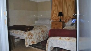 A bedroom with two beds, a nightstand, a lamp, and a curtain.