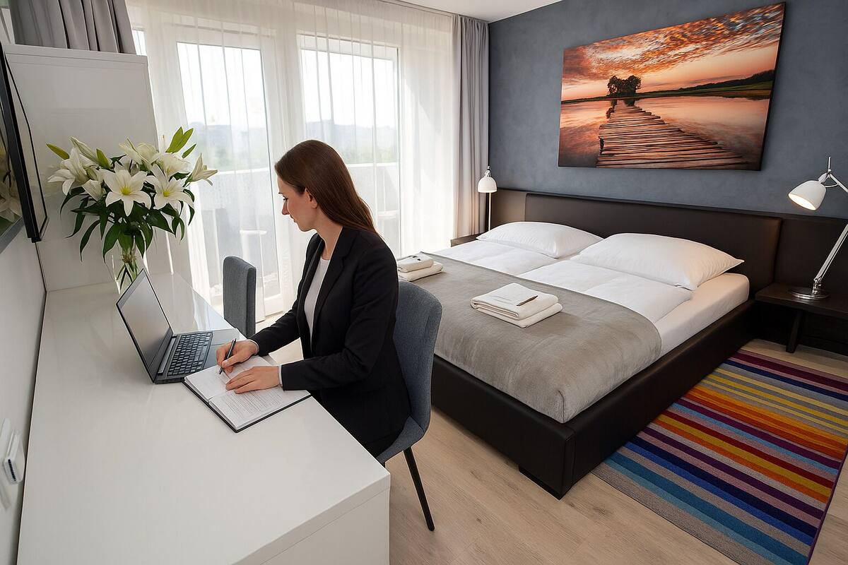 A hotel room with a bed, a desk with a laptop, a lamp, and a painting on the wall.