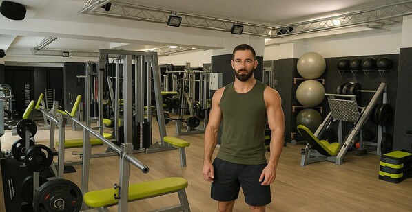 A gym with weightlifting equipment, exercise balls, and benches. - More Than Stay (Bratislava)