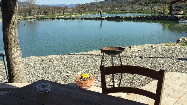 Une table en bois avec une chaise, une petite plante en pot, un bol en métal et un paquet de cigarettes.