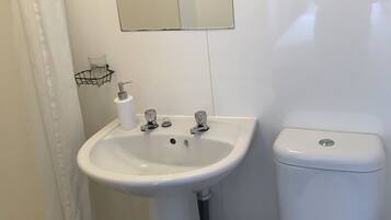 A bathroom with a pedestal sink, a toilet, and a mirror above the sink.