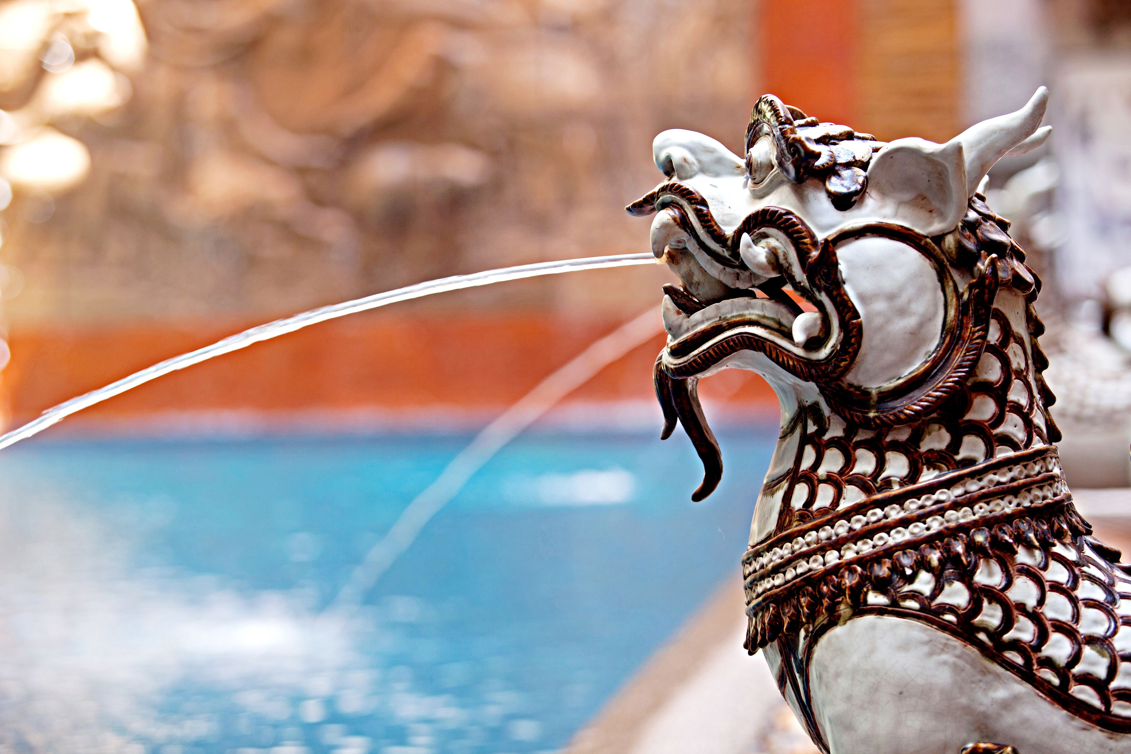 A decorative horse head sculpture near a pool.