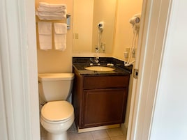 Combined shower/bathtub, free toiletries, towels