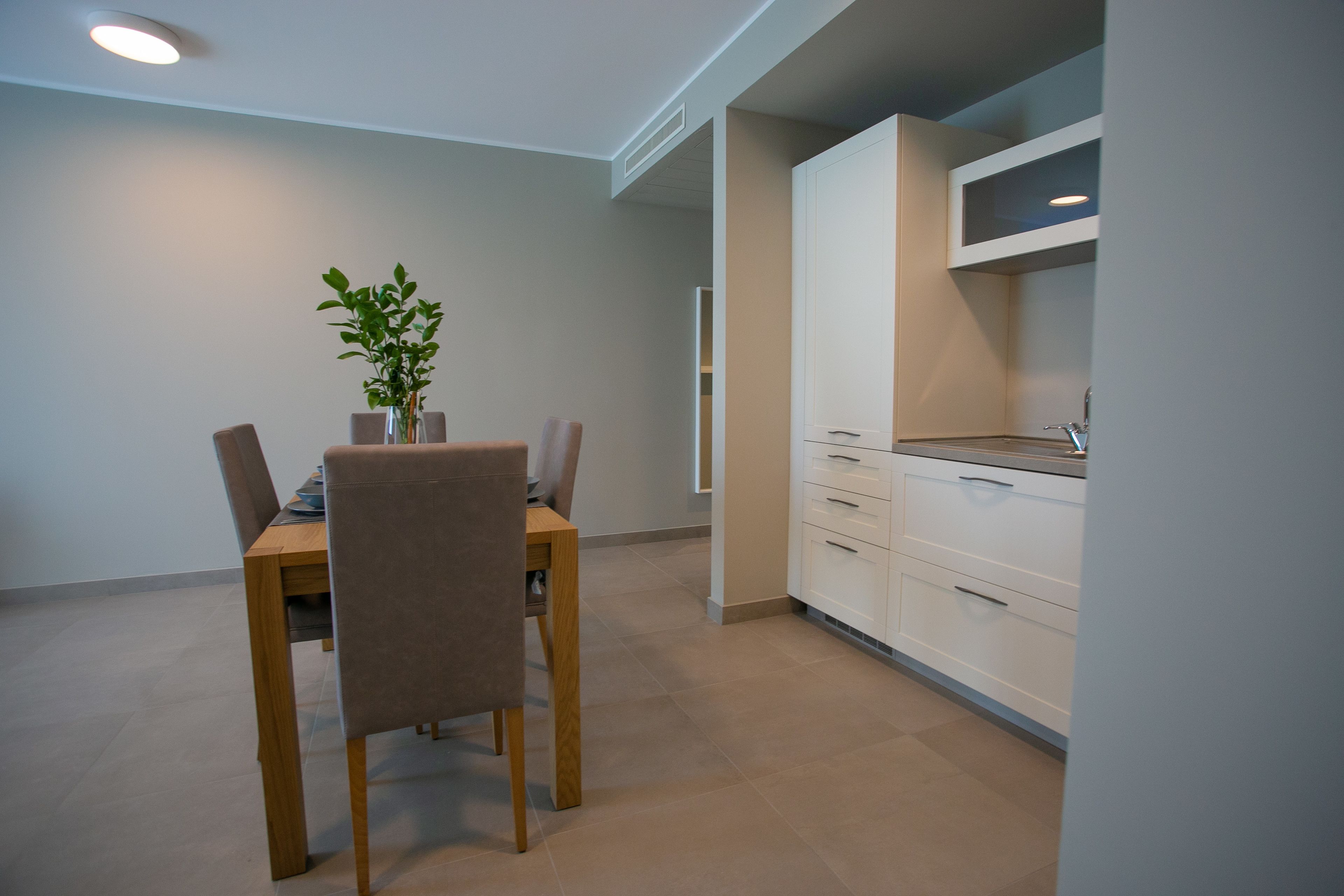A modern kitchen with white cabinets, a dining table with chairs, and a potted plant.