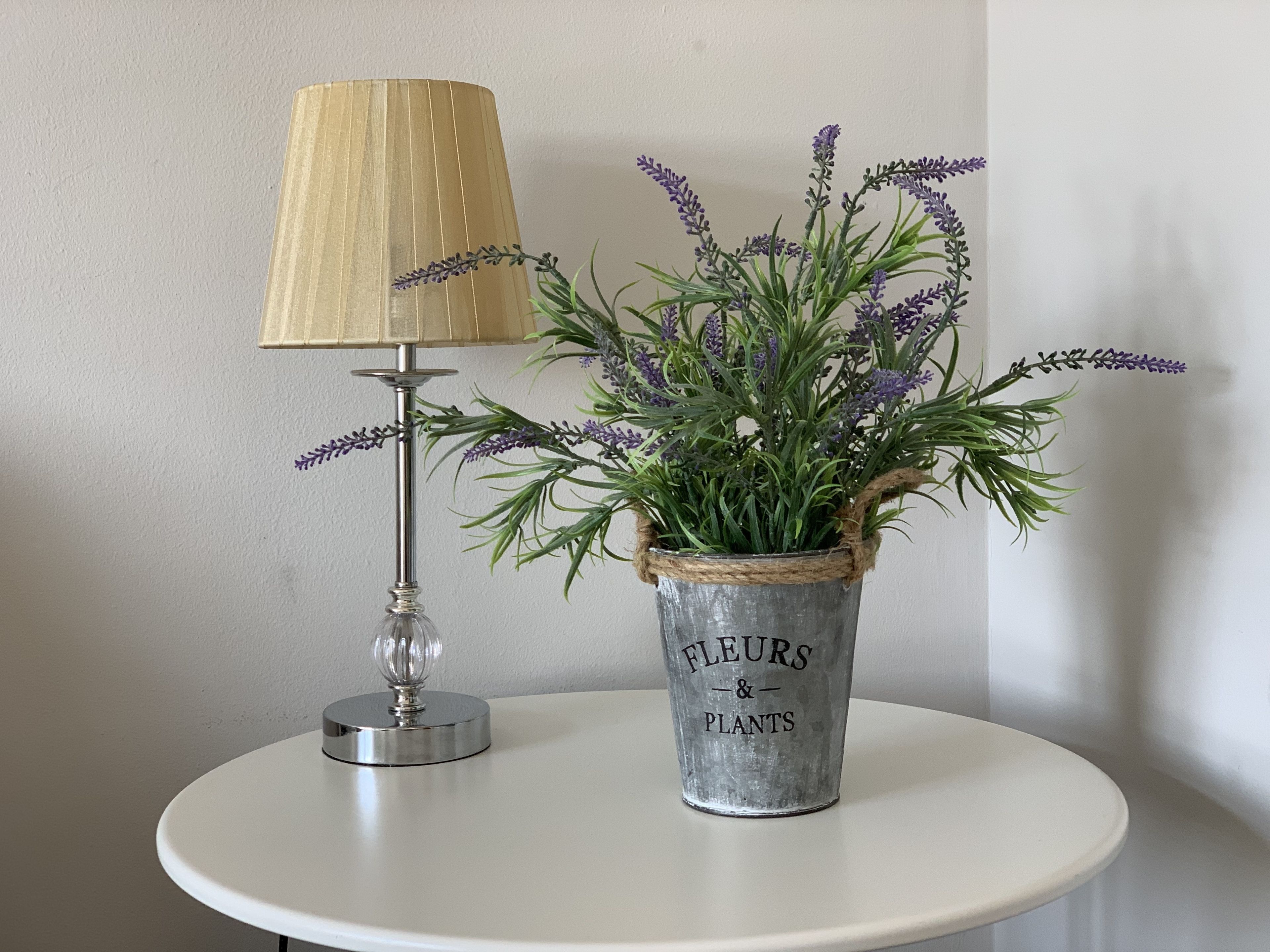 Une table avec une lampe et une plante en pot.