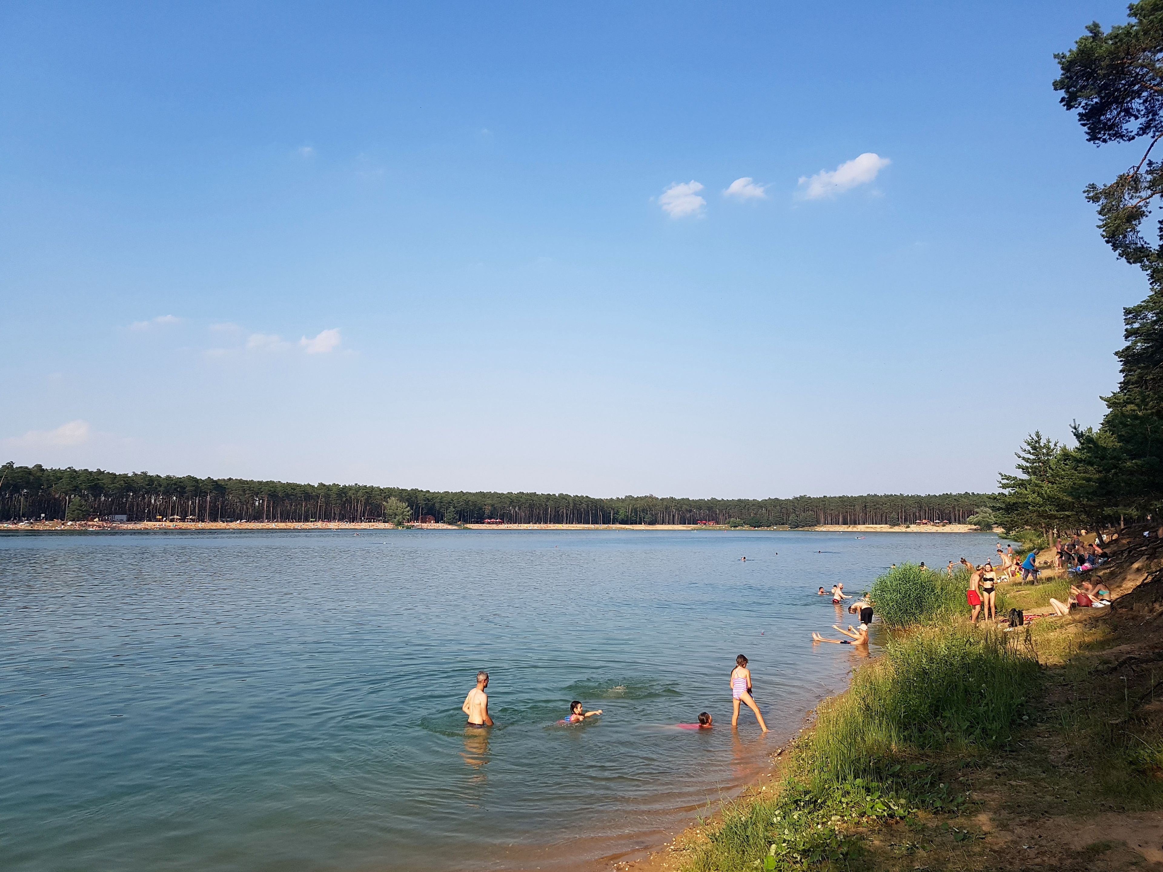 A lakeside scene with people swimming and relaxing on the shore.